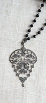 Sterling Silver Marcacite French Filigree on a Black Crystal Rosary Chain Long Necklace