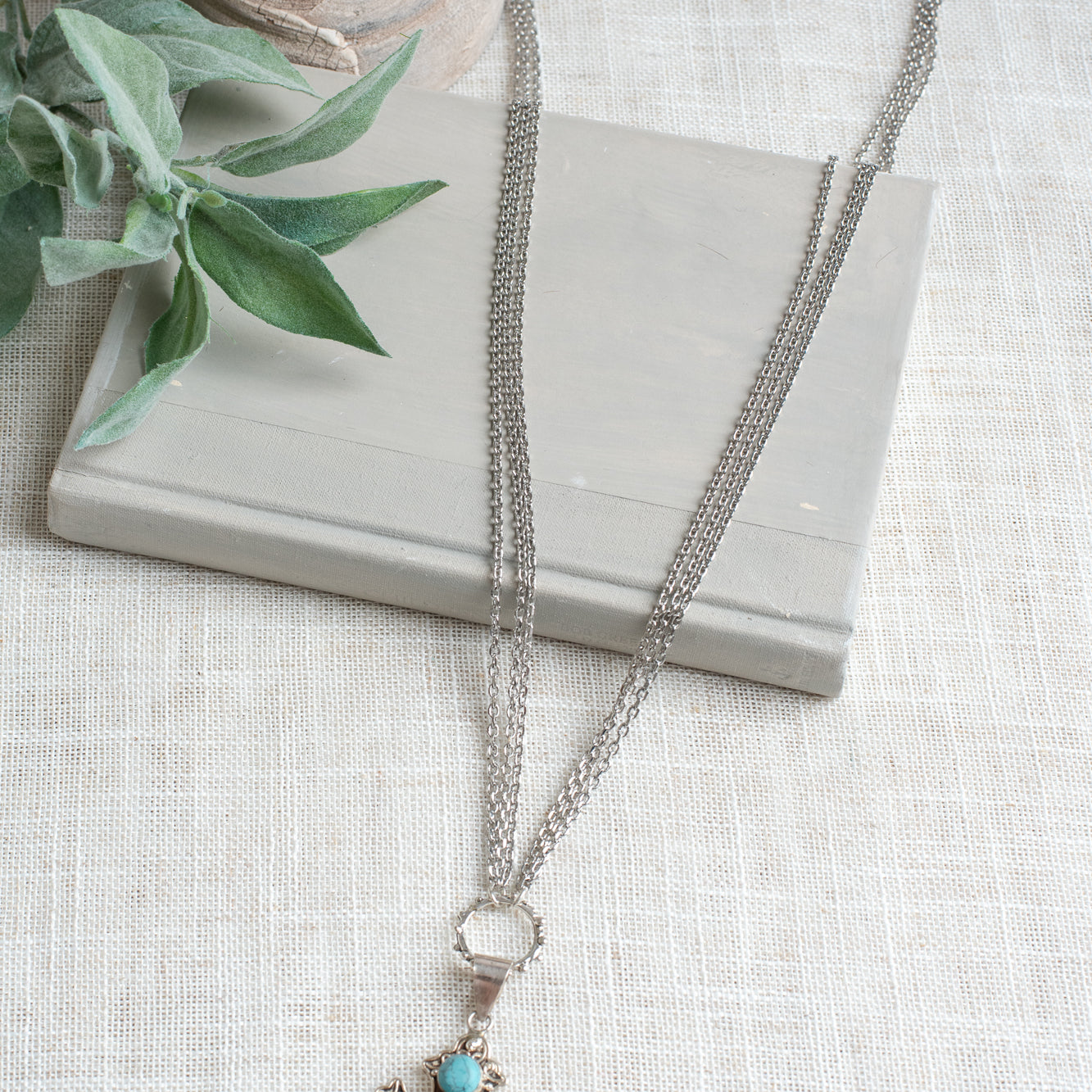 Ornate Turquoise Sterling Silver Christian Cross Pendant on a Triple Fine Silver Tone Chain Necklace