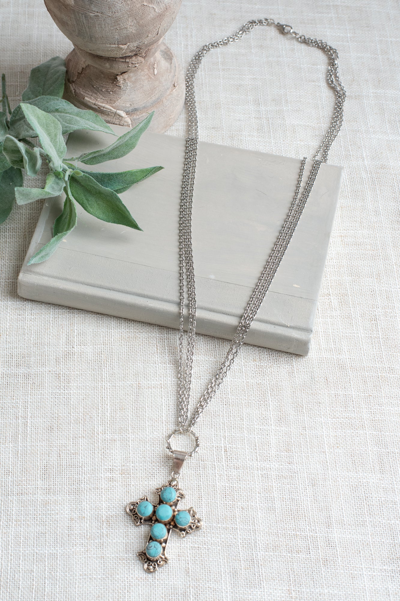 Ornate Turquoise Sterling Silver Christian Cross Pendant on a Triple Fine Silver Tone Chain Necklace