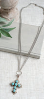 Ornate Turquoise Sterling Silver Christian Cross Pendant on a Triple Fine Silver Tone Chain Necklace