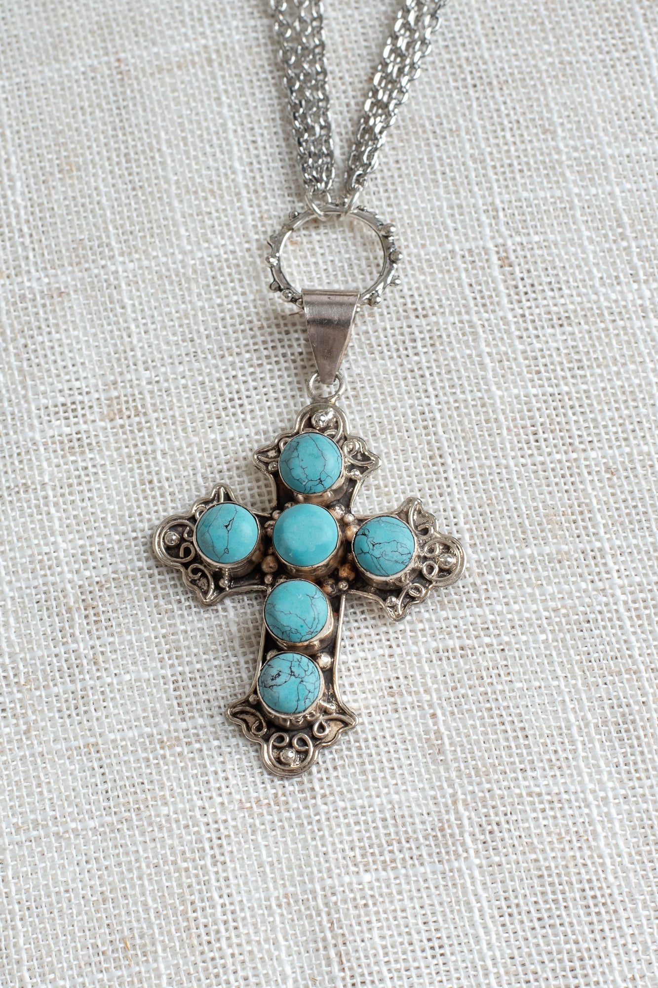 Ornate Turquoise Sterling Silver Christian Cross Pendant on a Triple Fine Silver Tone Chain Necklace