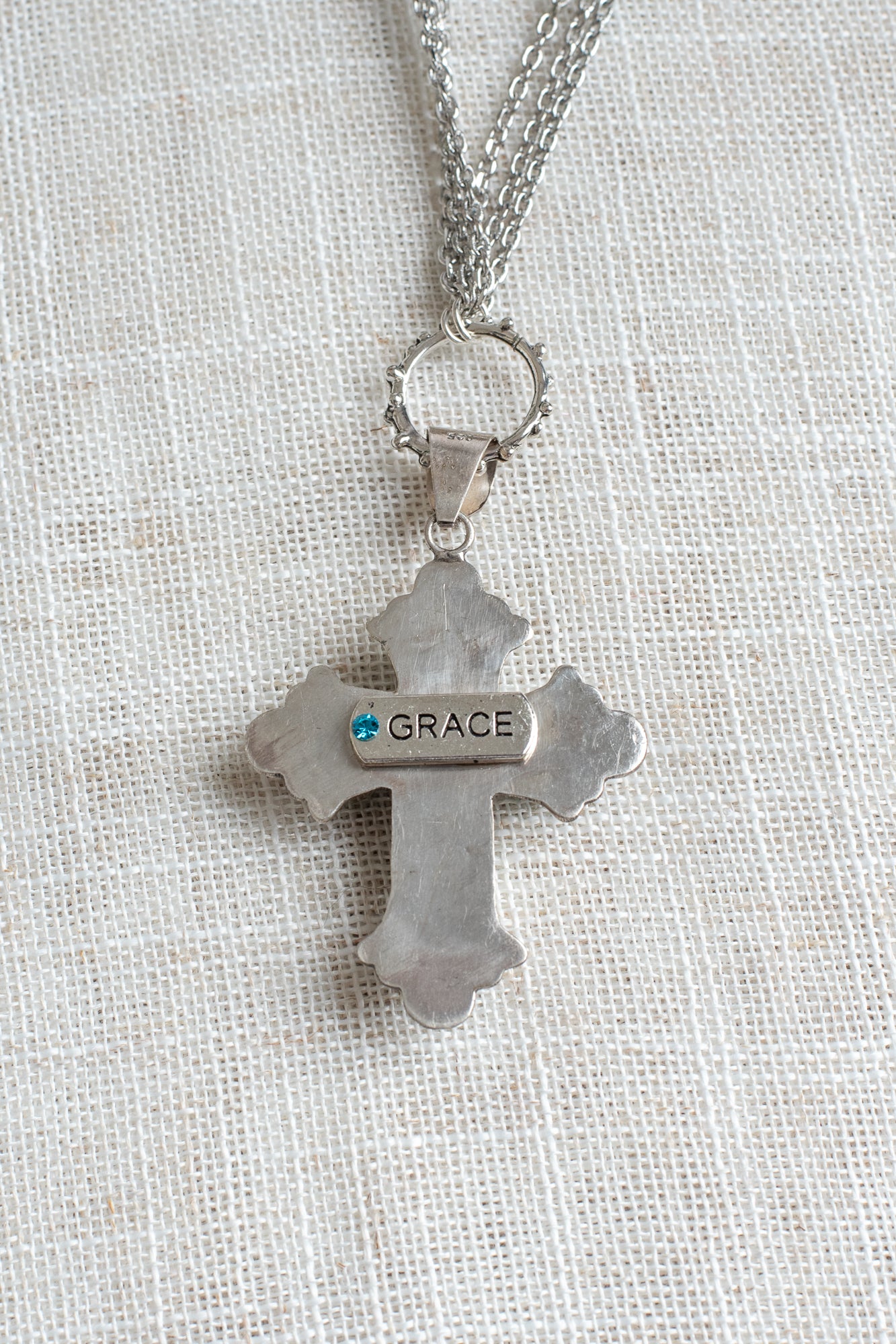 Ornate Turquoise Sterling Silver Christian Cross Pendant on a Triple Fine Silver Tone Chain Necklace