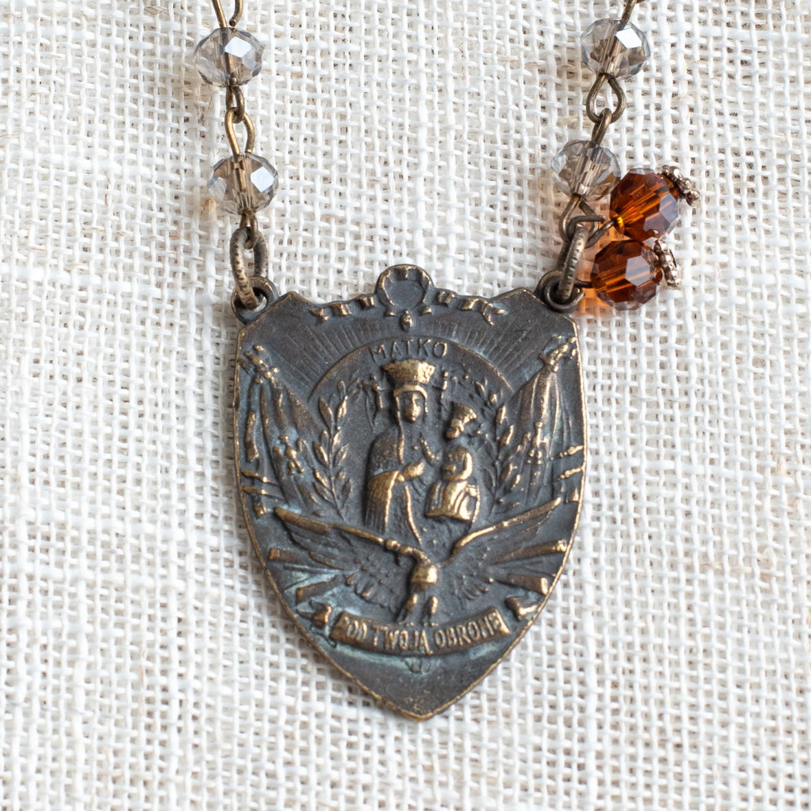 Prague Madonna and Child Catholic Pendant on a Crystal Rosary Chain Necklace