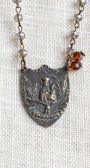 Prague Madonna and Child Catholic Bronze Shield Pendant on a Gray Crystal Rosary Chain Necklace