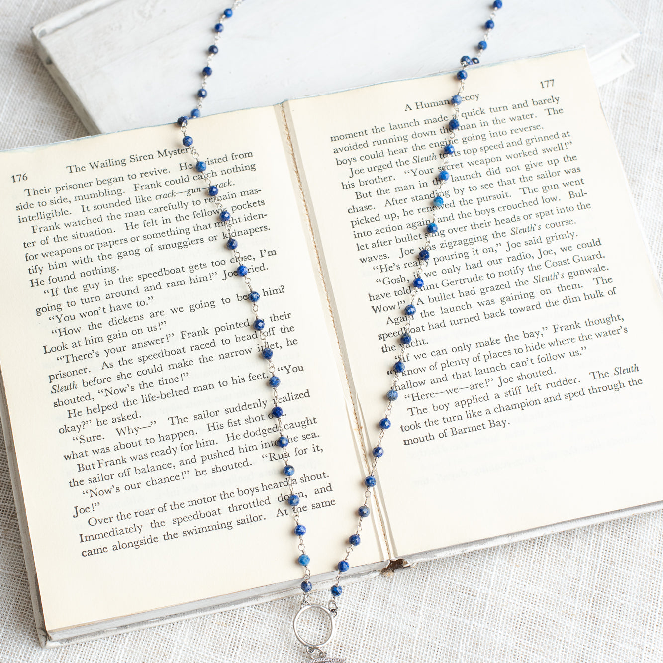 Pave Sterling Silver Crescent Moon Pendant on Delicate Royal Blue Lapis and Silver Rosary Chain