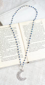 Pave Sterling Silver Crescent Moon Pendant on Delicate Royal Blue Lapis and Silver Rosary Chain
