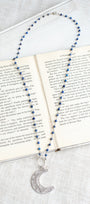 Pave Sterling Silver Crescent Moon Pendant on Delicate Royal Blue Lapis and Silver Rosary Chain