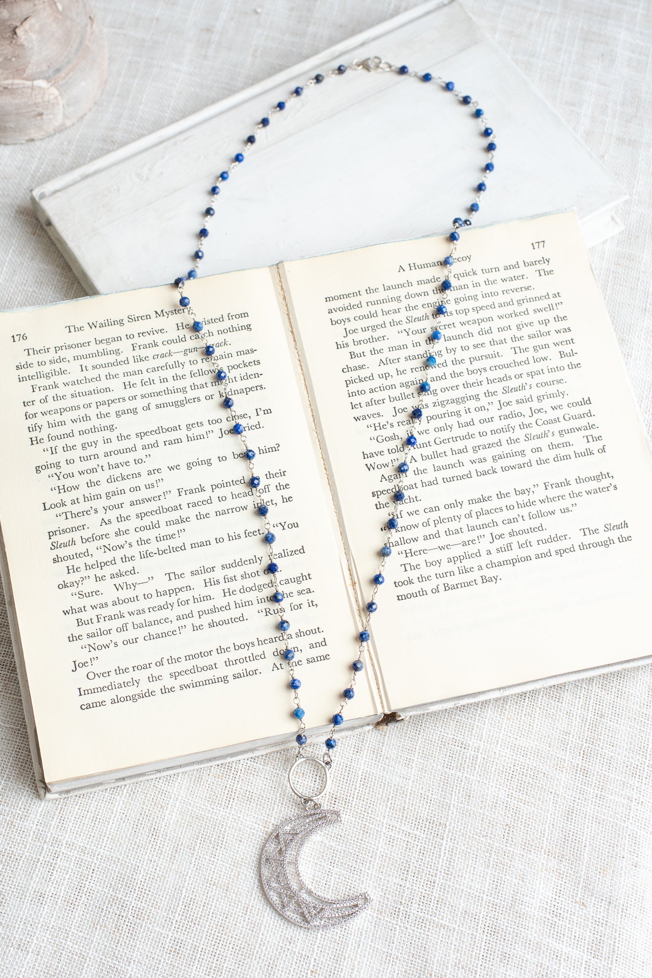 Pave Sterling Silver Crescent Moon Pendant on Delicate Royal Blue Lapis and Silver Rosary Chain