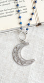 Pave Sterling Silver Crescent Moon Pendant on Delicate Royal Blue Lapis and Silver Rosary Chain