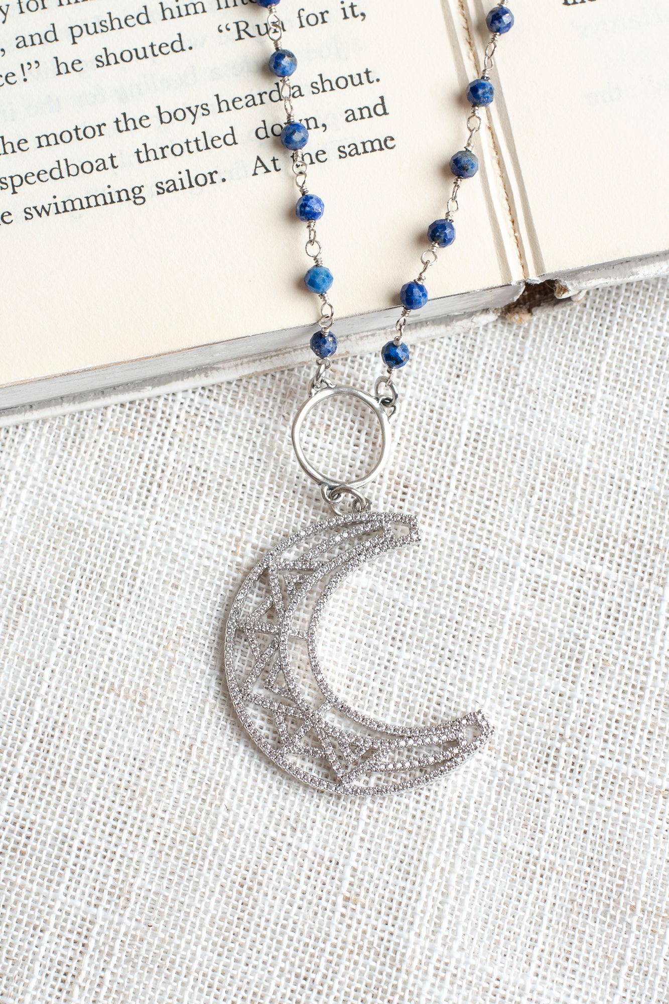 Pave Sterling Silver Crescent Moon Pendant on Delicate Royal Blue Lapis and Silver Rosary Chain