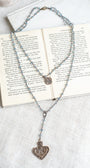 Double Layer Ornate Bronze Heart Pendant with Iridescent Blue Crystal Beads and Catholic Medal Necklace