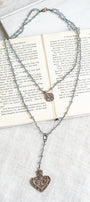 Double Layer Ornate Bronze Heart Pendant with Iridescent Blue Crystal Beads and Catholic Medal Necklace