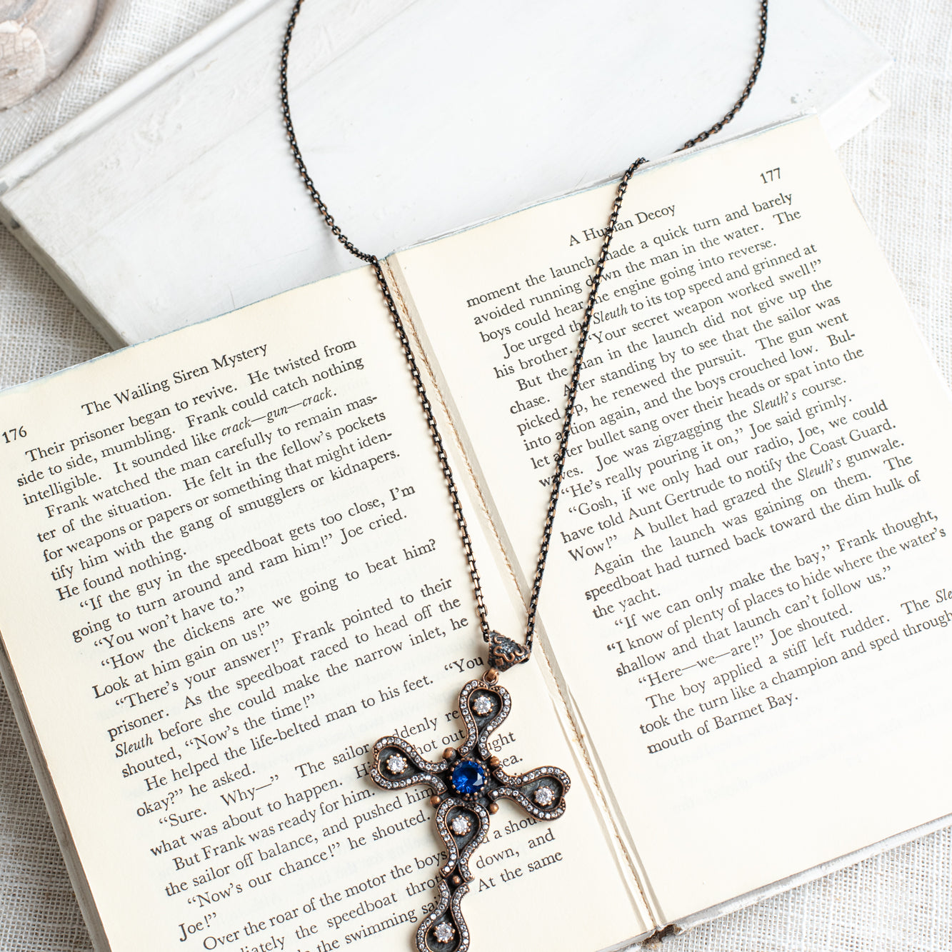 Turkish Sterling Silver Pectoral Cross with White Topaz and Blue Quartz on Two Tone Metal Chain