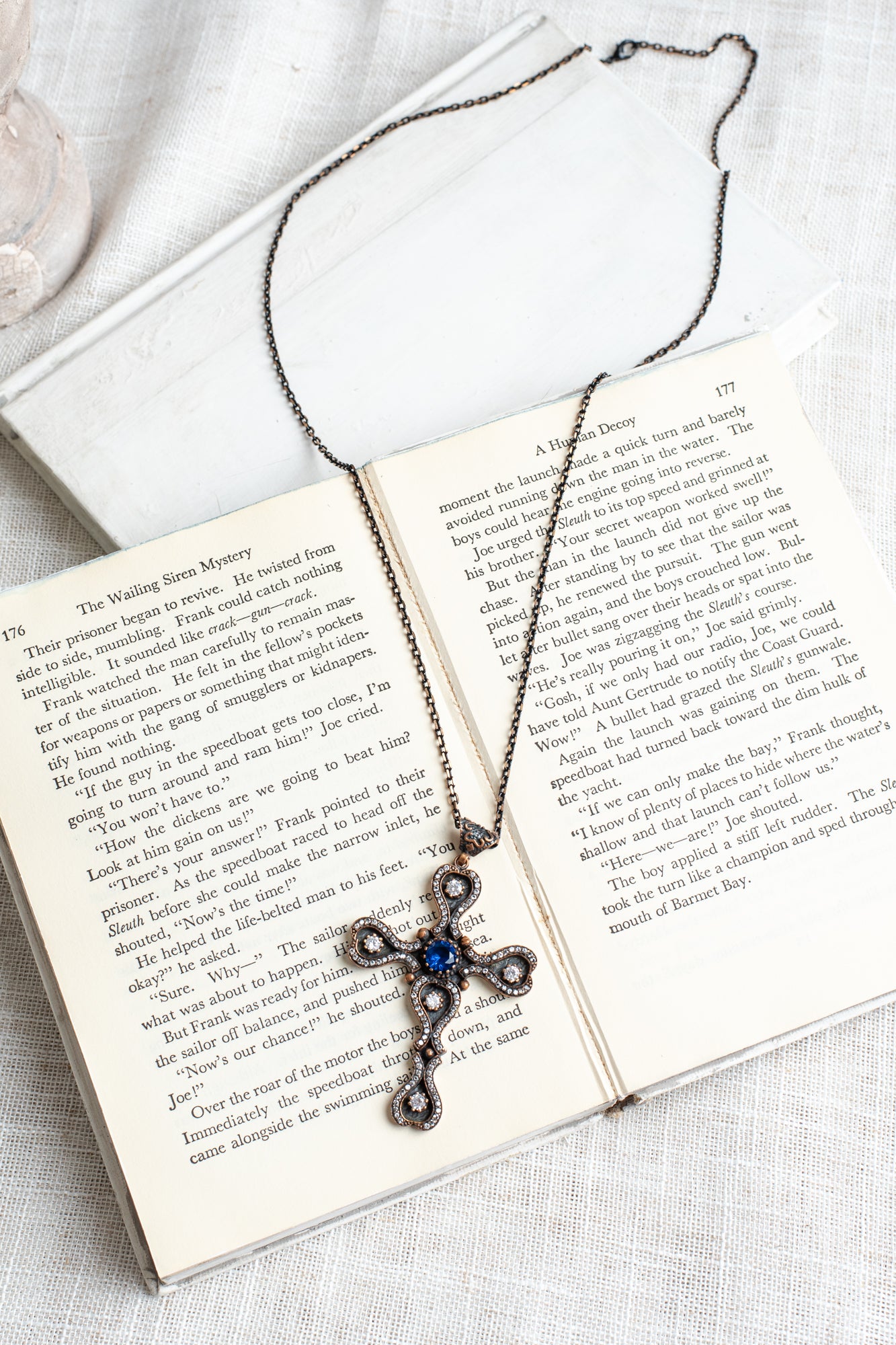 Turkish Sterling Silver Pectoral Cross with White Topaz and Blue Quartz on Two Tone Metal Chain