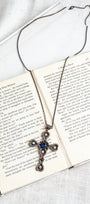 Turkish Sterling Silver Pectoral Cross with White Topaz and Blue Quartz on Two Tone Metal Chain