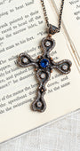 Turkish Sterling Silver Pectoral Cross with White Topaz and Blue Quartz on Two Tone Metal Chain