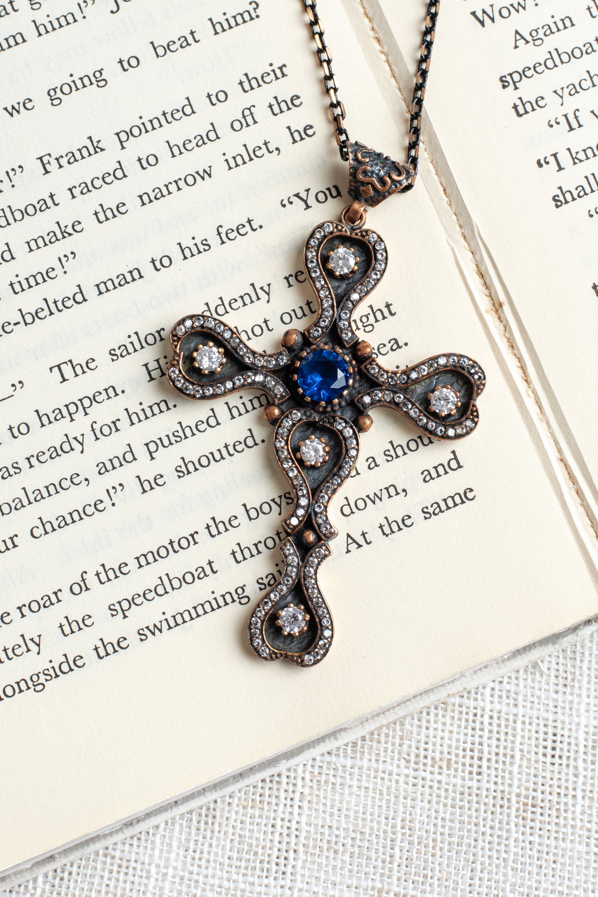 Turkish Sterling Silver Pectoral Cross with White Topaz and Blue Quartz on Two Tone Metal Chain