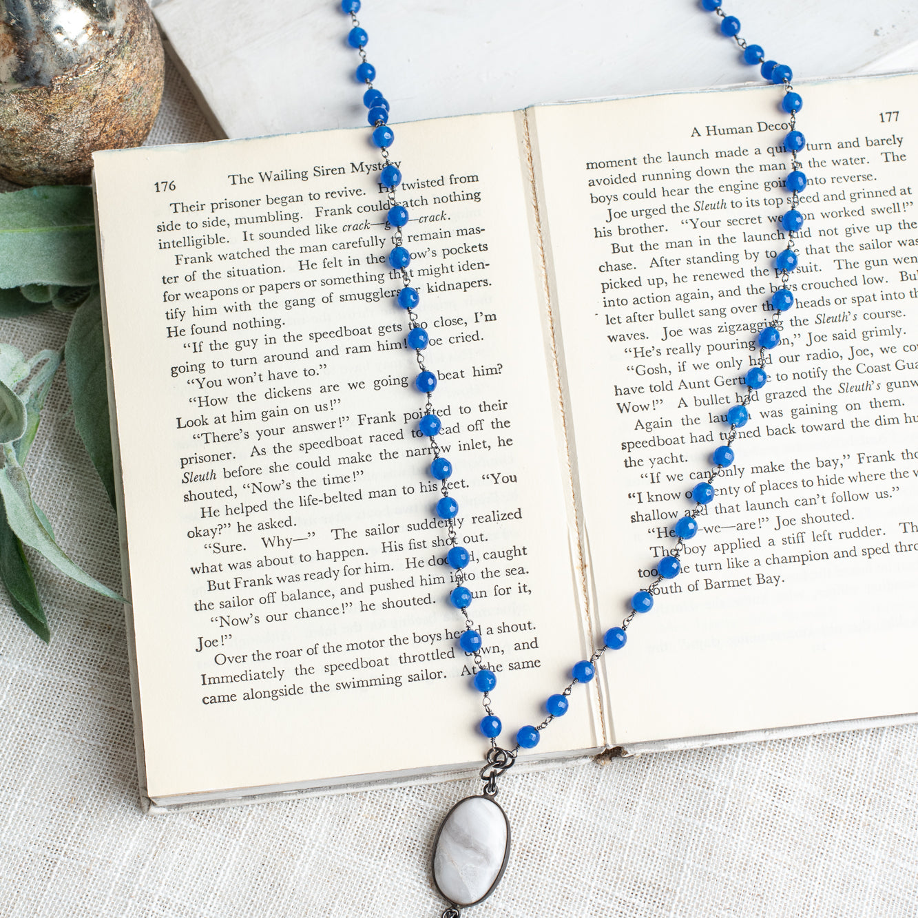 Filigree Large Heart & White Hand Soldered Quartz Pendant on Royal Blue Quartz Beaded Rosary Chain
