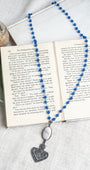 Filigree Large Heart & White Hand Soldered Quartz Pendant on Royal Blue Quartz Beaded Rosary Chain