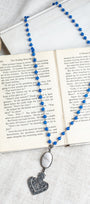Filigree Large Heart & White Hand Soldered Quartz Pendant on Royal Blue Quartz Beaded Rosary Chain