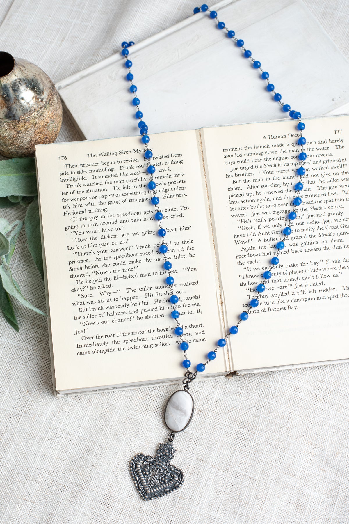 Filigree Large Heart & White Hand Soldered Quartz Pendant on Royal Blue Quartz Beaded Rosary Chain