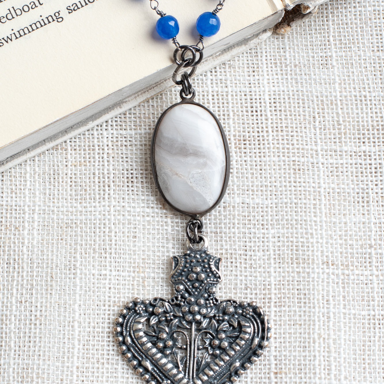 Royal Blue Quartz & Hand-Soldered White Quartz Filigree Heart Long Necklace