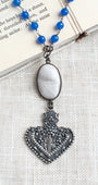 Filigree Large Heart & White Hand Soldered Quartz Pendant on Royal Blue Quartz Beaded Rosary Chain