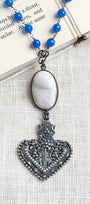 Royal Blue Quartz & Hand-Soldered White Quartz Filigree Heart Long Necklace