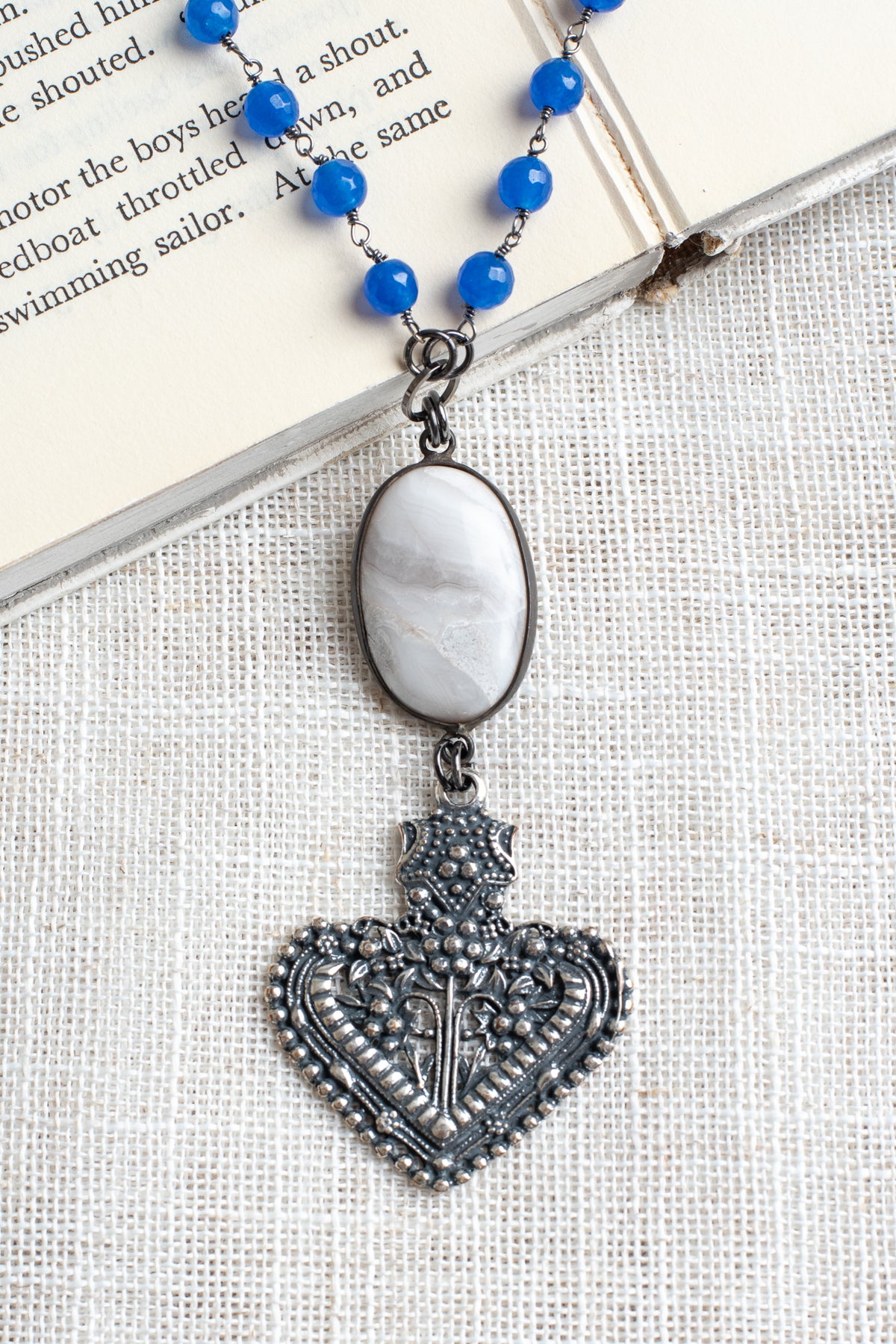 Filigree Large Heart & White Hand Soldered Quartz Pendant on Royal Blue Quartz Beaded Rosary Chain