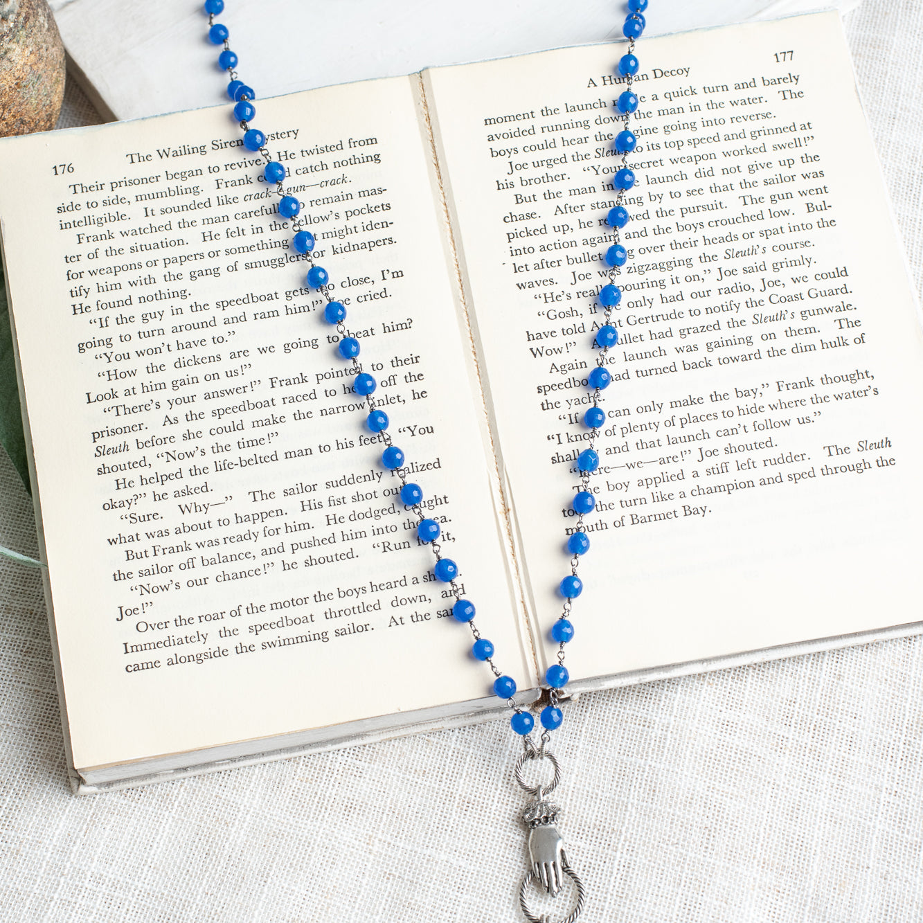 Cobalt Blue Soldered Crystal Pendant with Vintage Hand Drop on Cobalt Blue Quartz and Gunmetal Silver Rosary Chain Necklace