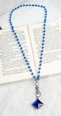 Cobalt Blue Soldered Crystal Pendant with Vintage Hand Drop on Cobalt Blue Quartz and Gunmetal Silver Rosary Chain Necklace
