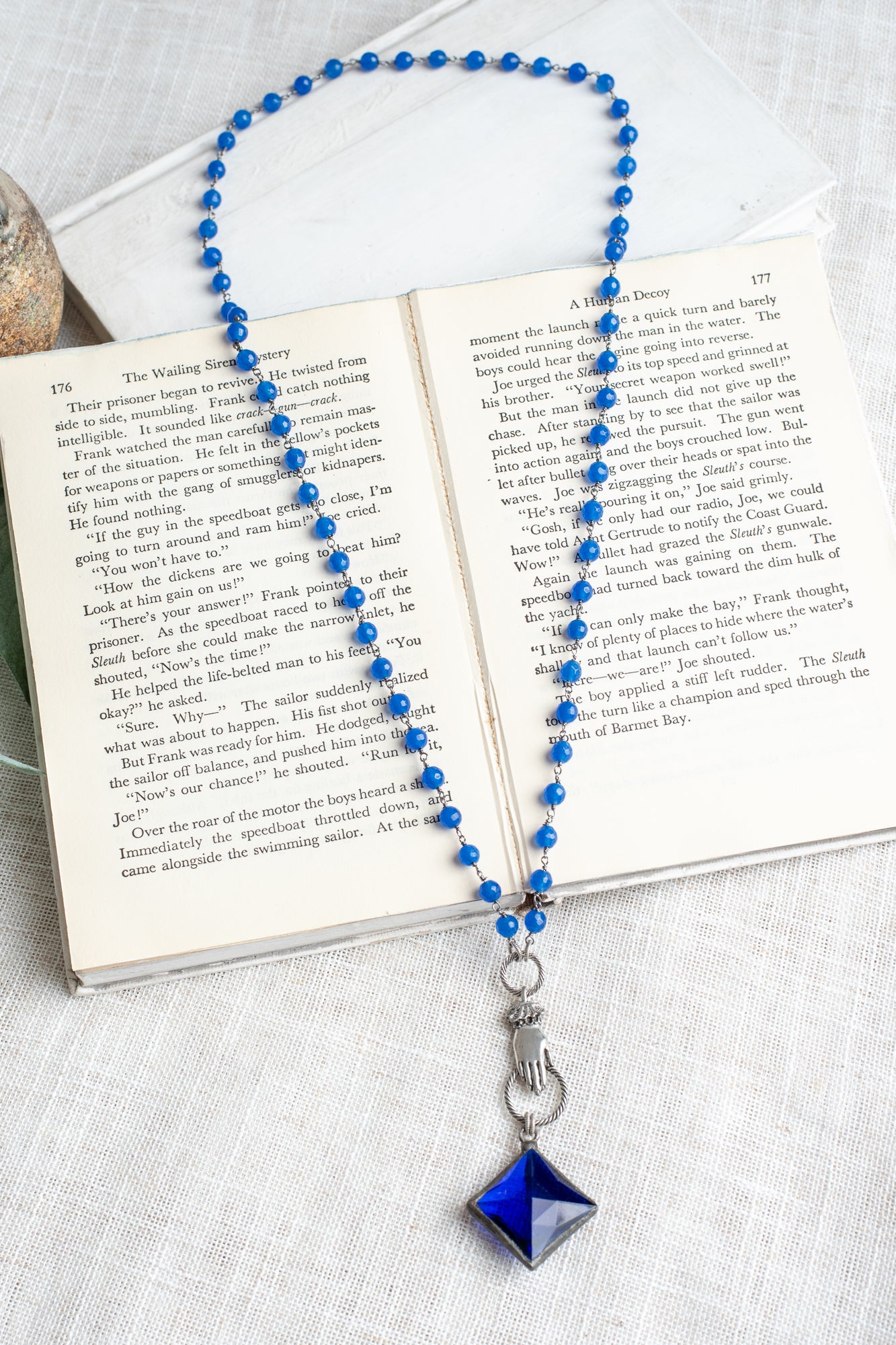 Cobalt Blue Soldered Crystal Pendant with Vintage Hand Drop on Cobalt Blue Quartz and Gunmetal Silver Rosary Chain Necklace