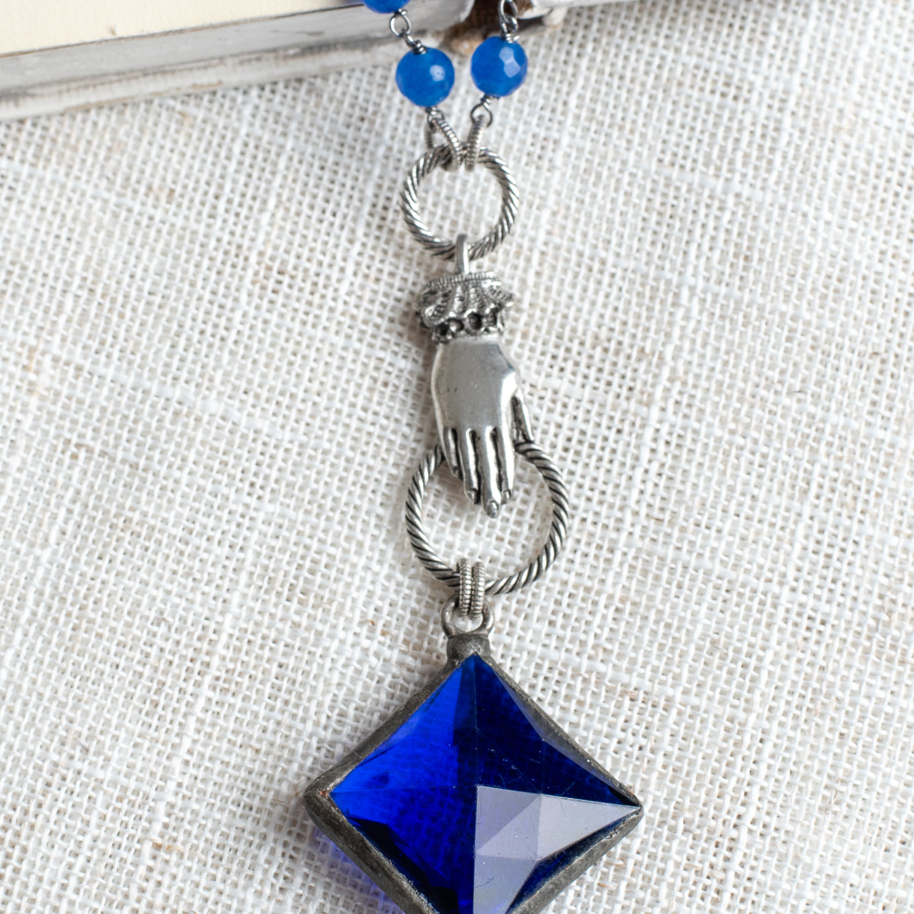 Cobalt Blue Crystal & Quartz Victorian Hand Long Necklace