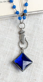 Cobalt Blue Soldered Crystal Pendant with Vintage Hand Drop on Cobalt Blue Quartz and Gunmetal Silver Rosary Chain Necklace
