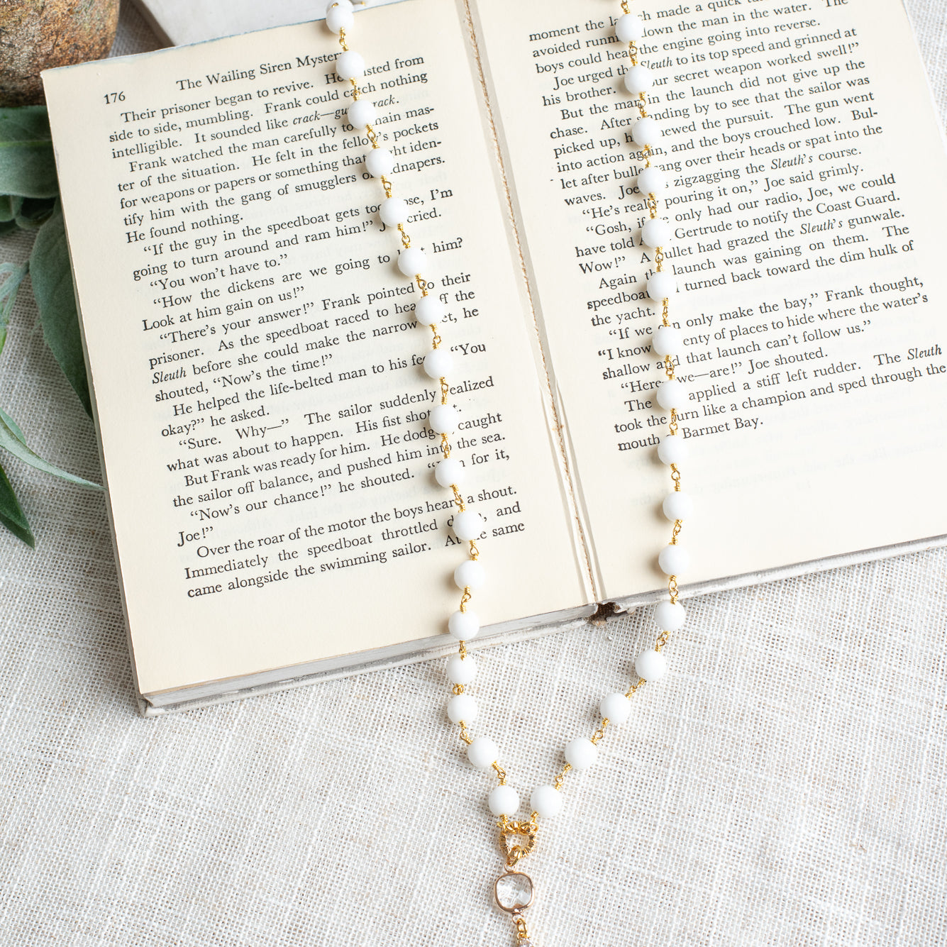 Gold Plated Christian Cross Pendant with Cross and Pearl on a White Agate Gold Plated Rosary Chain