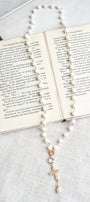 Gold Plated Christian Cross Pendant with Cross and Pearl on a White Agate Gold Plated Rosary Chain
