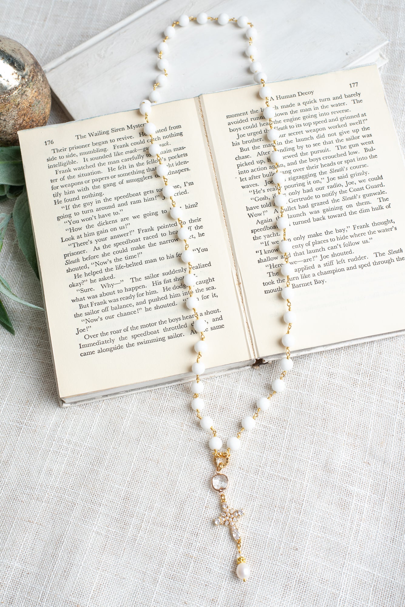 Gold Plated Christian Cross Pendant with Cross and Pearl on a White Agate Gold Plated Rosary Chain