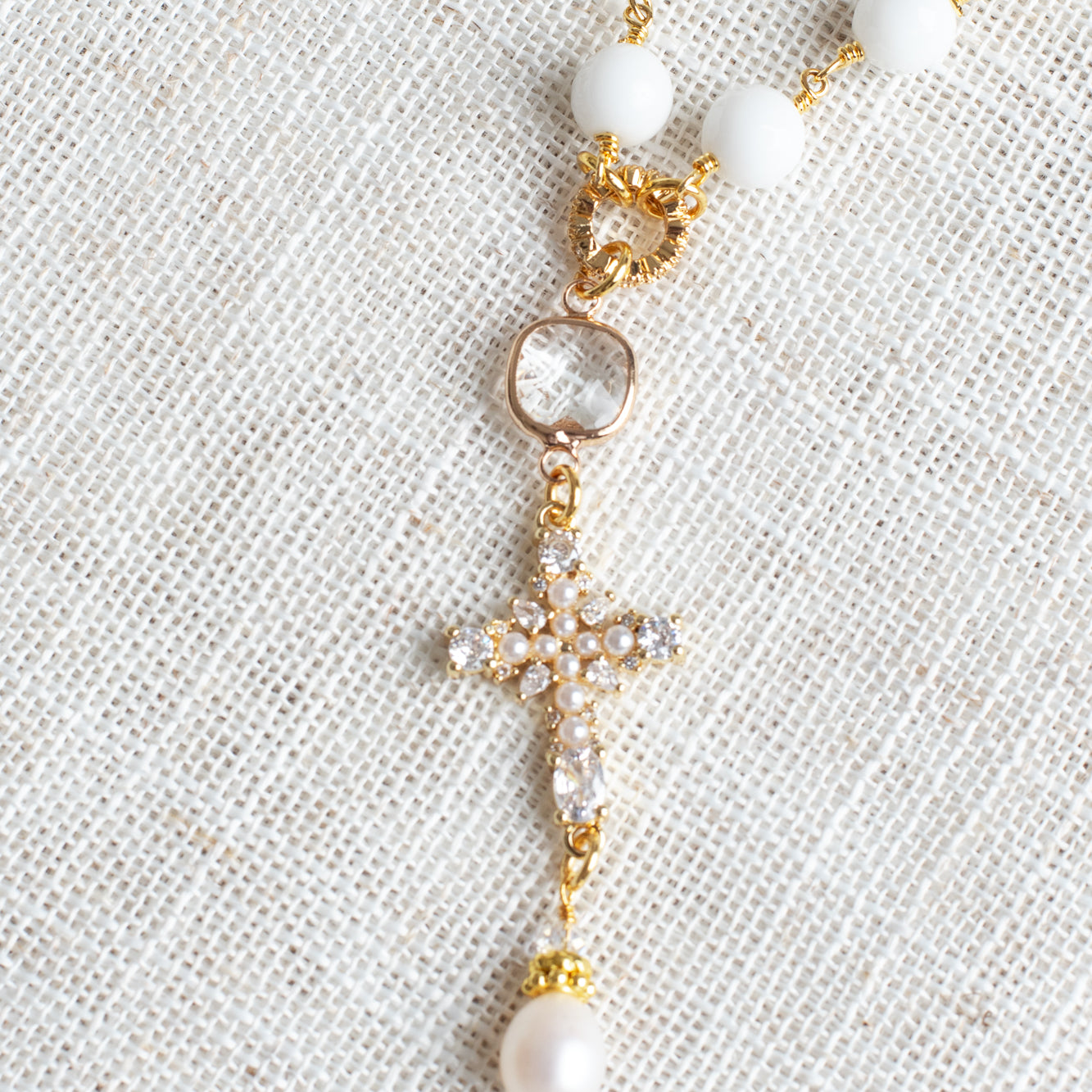White Agate, Freshwater Pearl & Crystal Cross Rosary-Style Necklace