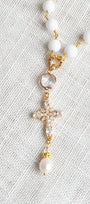 White Agate, Freshwater Pearl & Crystal Cross Rosary-Style Necklace