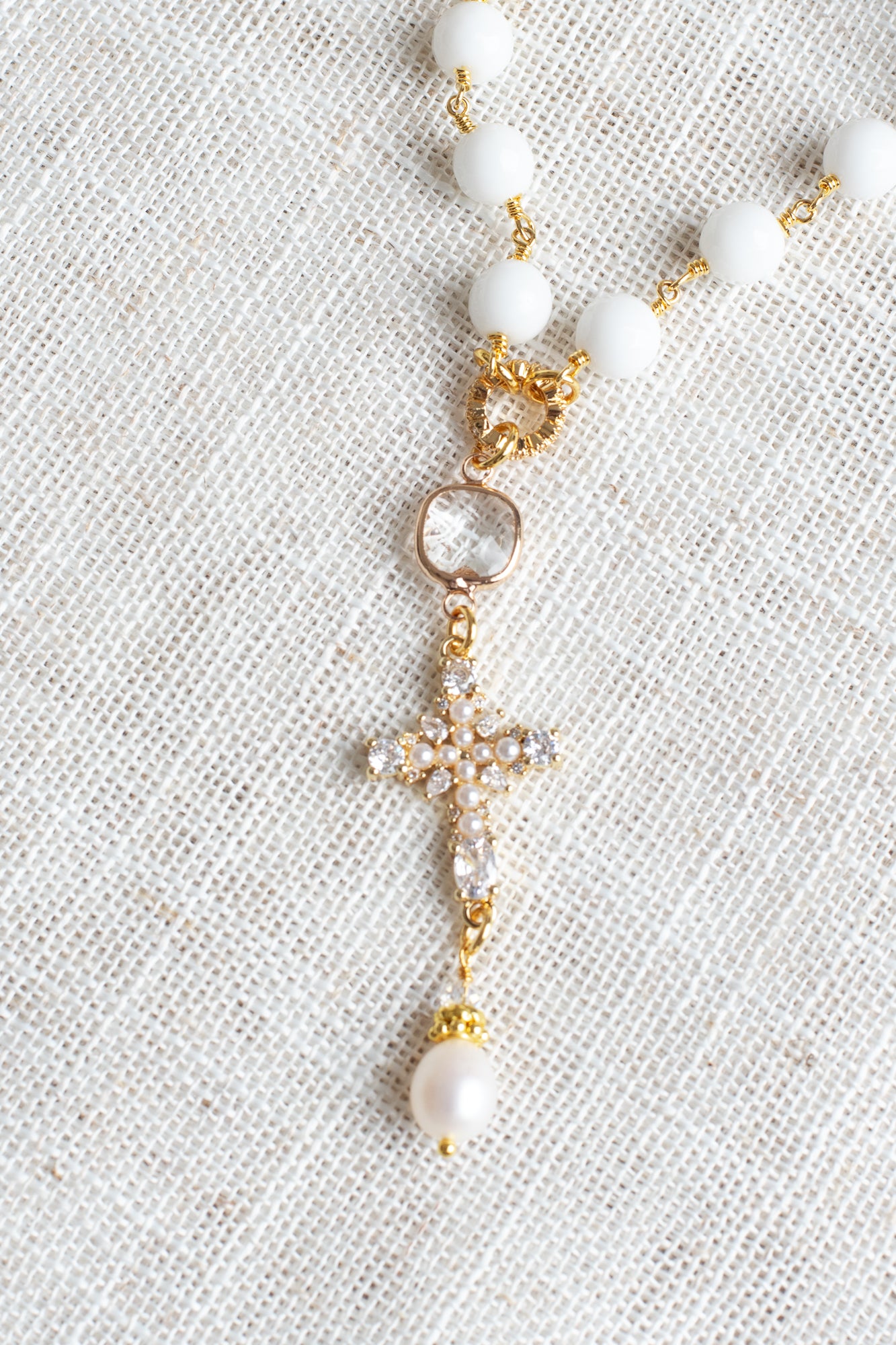 Gold Plated Christian Cross Pendant with Cross and Pearl on a White Agate Gold Plated Rosary Chain