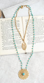 Matte Gold Filigree Pendant on a Double Layer Necklace with Turquoise Crystal Beaded Rosary Chain