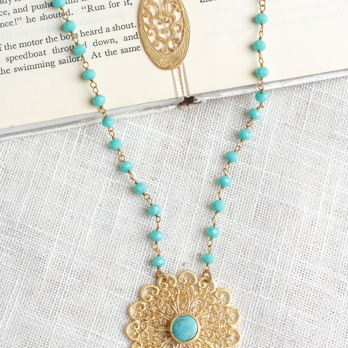 Turquoise Howlite & Matte Gold Filigree Double-Layer Necklace