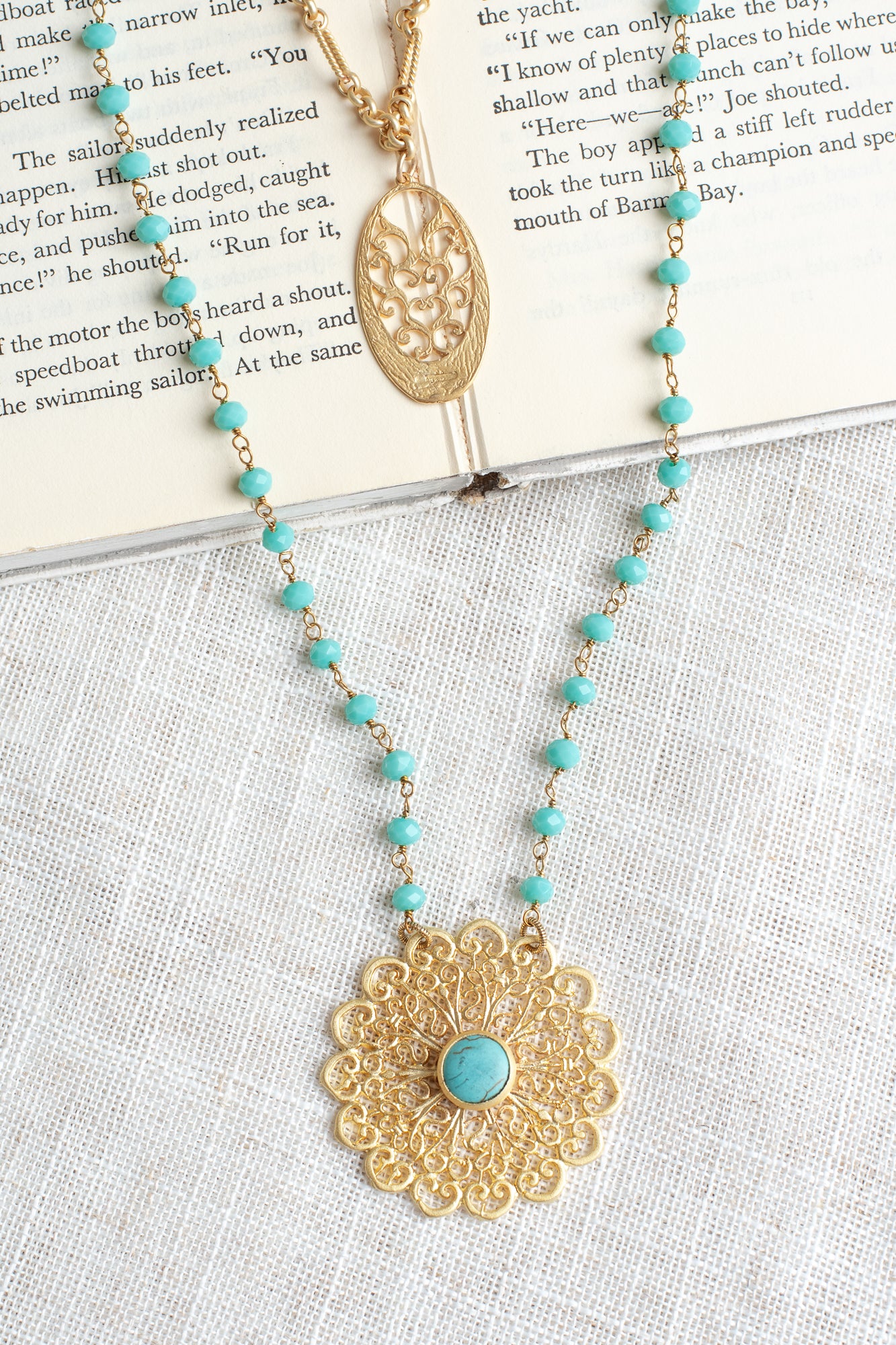Matte Gold Filigree Pendant on a Double Layer Necklace with Turquoise Crystal Beaded Rosary Chain