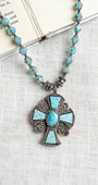 Vintage Collectible Irish "Miracle" Turquoise Cross Pendant on Hand Strung Czech Glass Bead Necklace