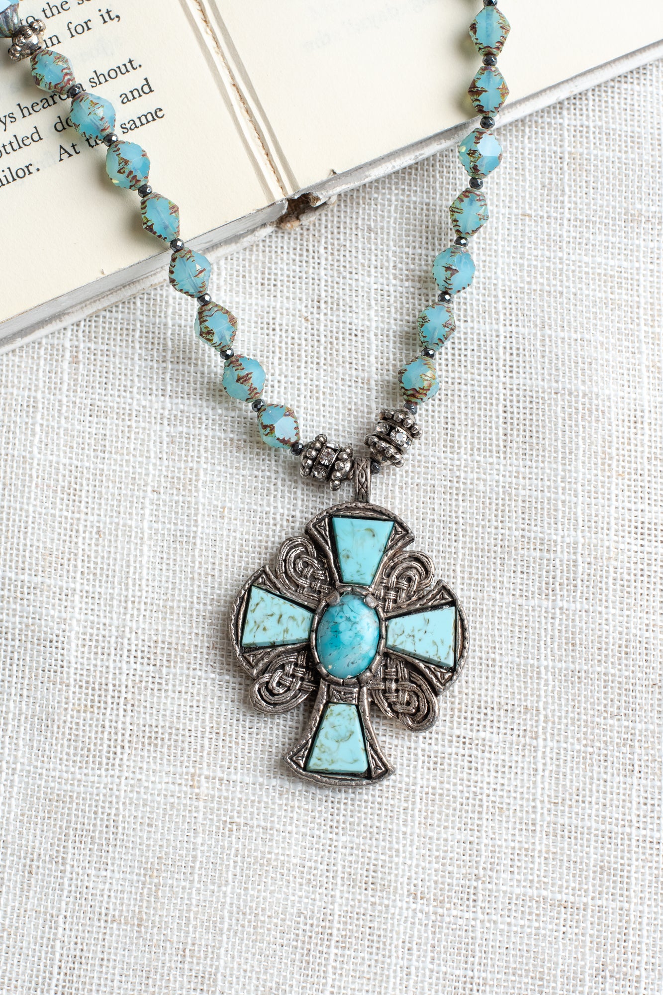 Vintage Collectible Irish "Miracle" Turquoise Cross Pendant on Hand Strung Czech Glass Bead Necklace