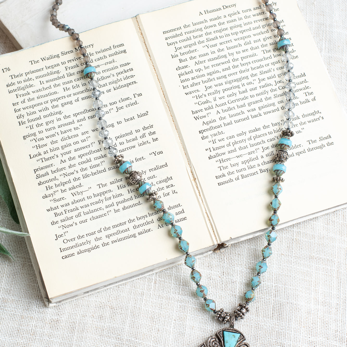 Vintage Collectible Irish "Miracle" Turquoise Cross Pendant on Hand Strung Czech Glass Bead Necklace