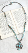 Vintage Collectible Irish "Miracle" Turquoise Cross Pendant on Hand Strung Czech Glass Bead Necklace
