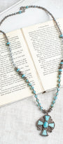 Vintage Collectible Irish "Miracle" Turquoise Cross Pendant on Hand Strung Czech Glass Bead Necklace