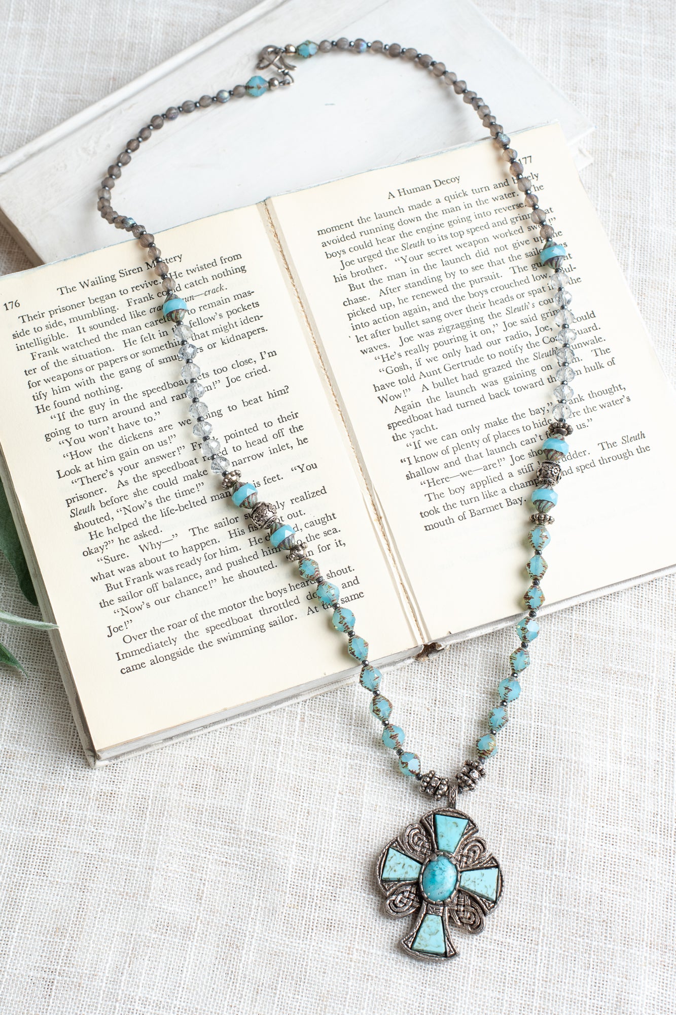 Vintage Collectible Irish "Miracle" Turquoise Cross Pendant on Hand Strung Czech Glass Bead Necklace