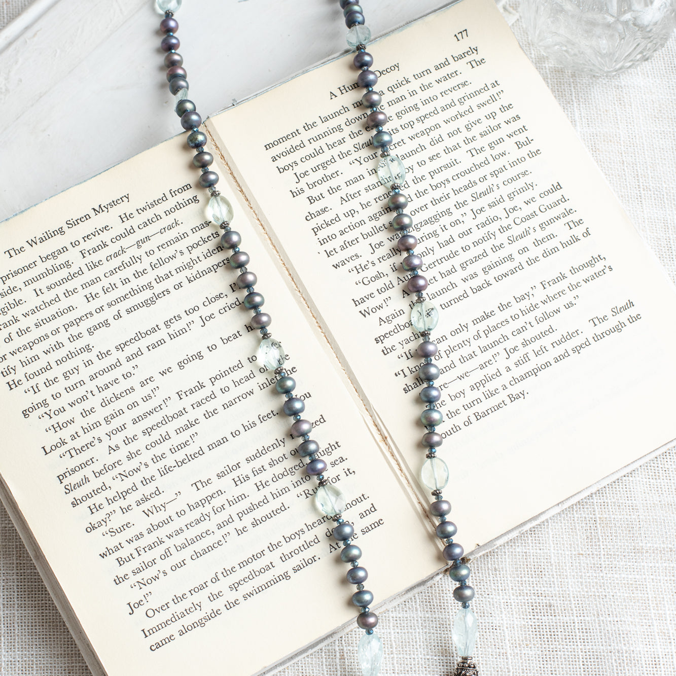 Art Nouveau Cherub Silver Pendant with Peacock Blue Freshwater Pearls and Aquamarine Freeform Beaded Necklace